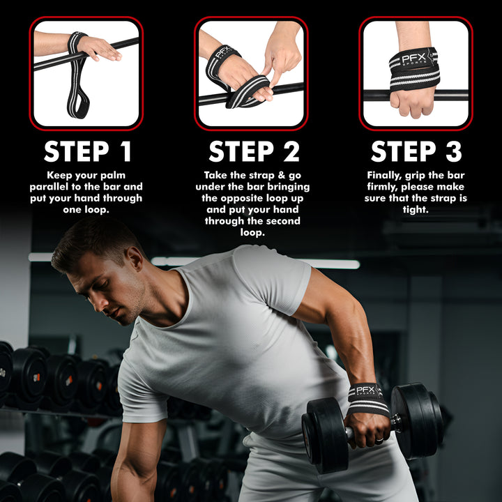 Step-by-step guide showing how to wear and secure PFX Figure 8 lifting straps, demonstrated by an athlete using a dumbbell for strength training.