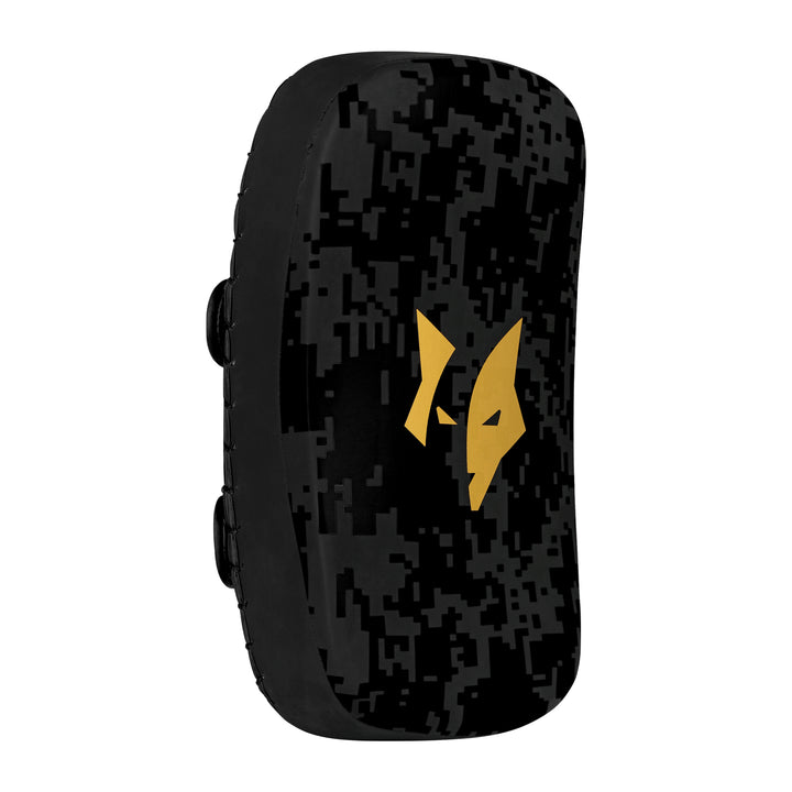 PFX Sports Muay Thai pad in black and gold, showing curved design and secure straps, for kickboxing and MMA training.