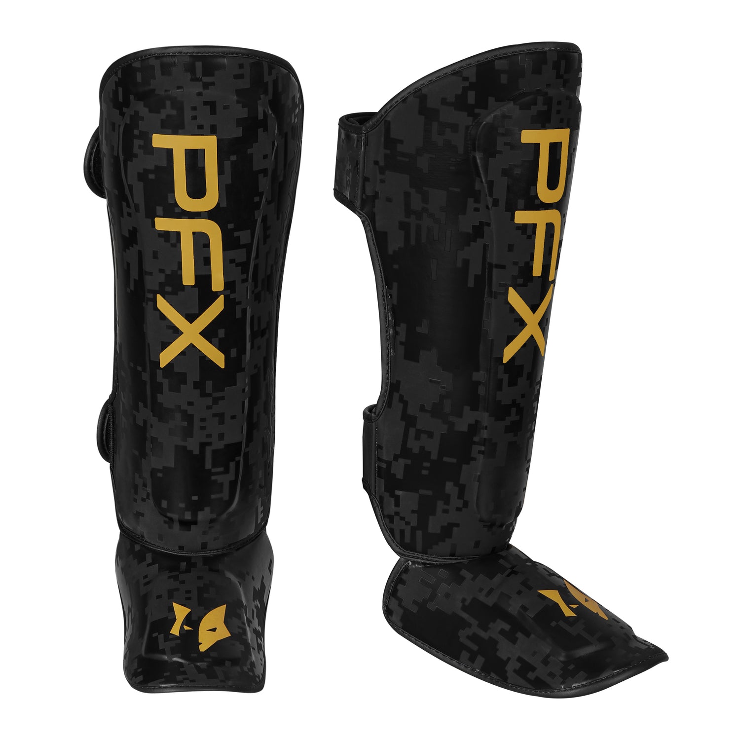 PFX Sports shin guards in black and gold, showcasing full leg and instep protection for elite Muay Thai and MMA sparring.