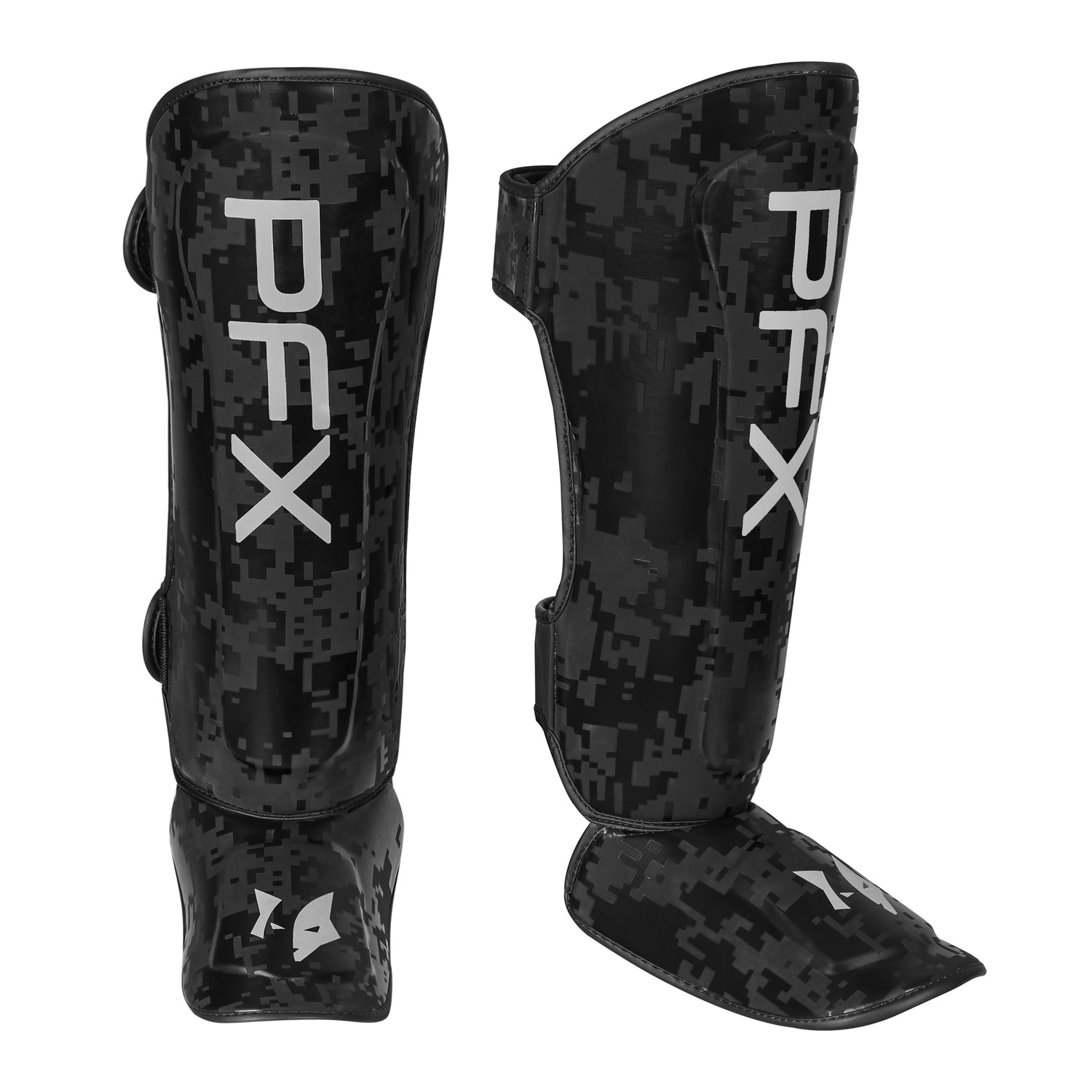 PFX Sports shin guards in black and white, showcasing full leg and instep protection for Muay Thai and MMA sparring.