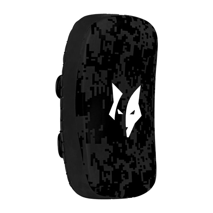 PFX Sports Muay Thai pad in black and white, showcasing curved design and secure straps, ideal for kickboxing and MMA training in the UK.