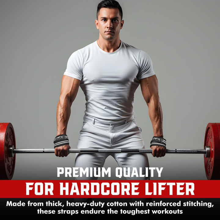 Strength athlete lifting a heavy red barbell using PFX Sports Figure 8 straps, highlighting premium cotton construction and reinforced stitching for hardcore lifters.